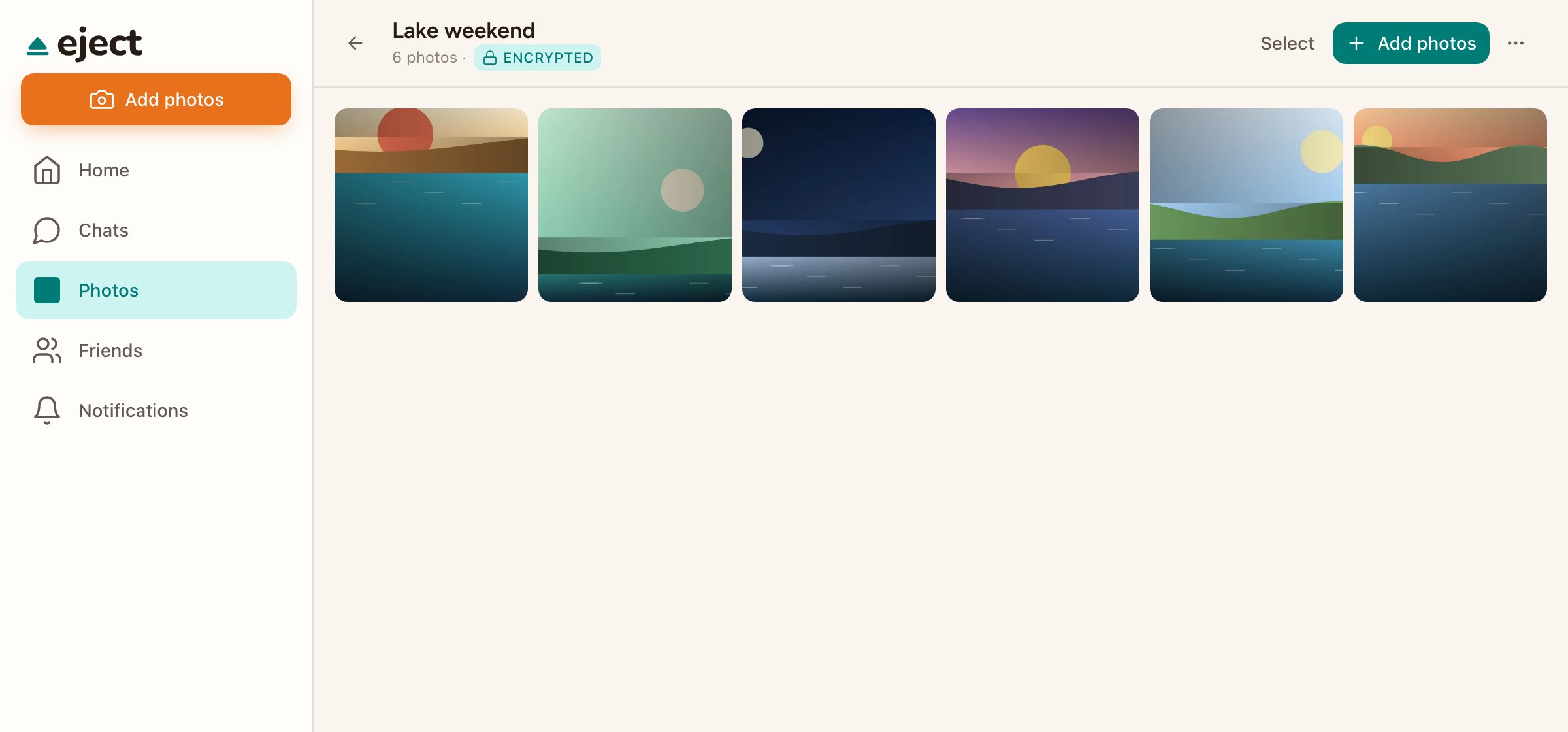 The Photos screen in Eject with an album named Lake weekend showing six photos.